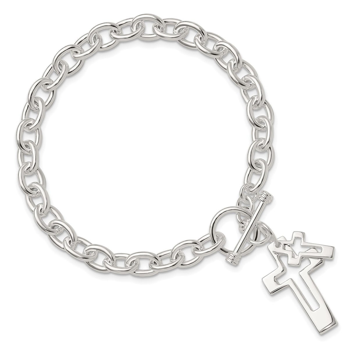 Sterling Silver Toggle Bracelet with Dual Cross Charms, Open and Solid Faith Design