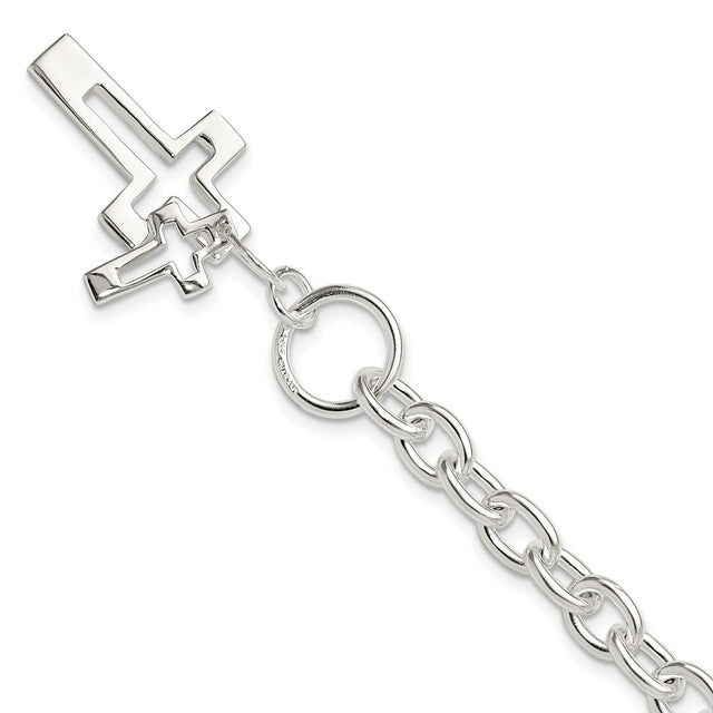 Sterling Silver Toggle Bracelet with Dual Cross Charms, Open and Solid Faith Design