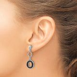 Sterling Silver Dangle Earrings with Open Circle and Oval Link Design, Black Enamel Accents