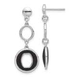 Sterling Silver Dangle Earrings with Open Circle and Oval Link Design, Black Enamel Accents