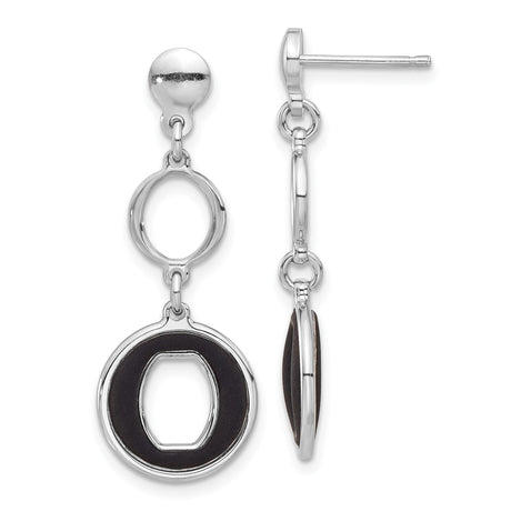Sterling Silver Dangle Earrings with Open Circle and Oval Link Design, Black Enamel Accents