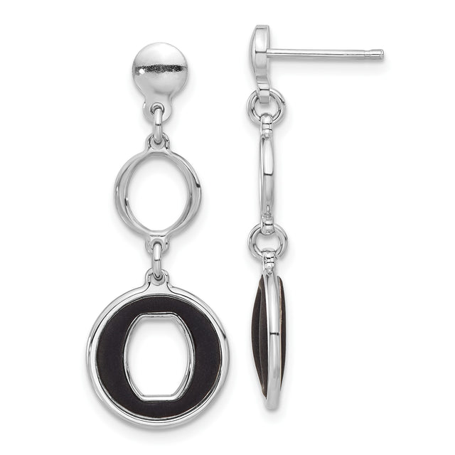 Sterling Silver Dangle Earrings with Open Circle and Oval Link Design, Black Enamel Accents