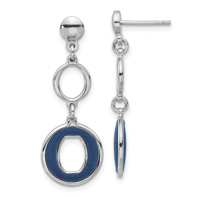 Sterling Silver Dangle Earrings with Interlocking Circle Design and Blue Enamel Accent