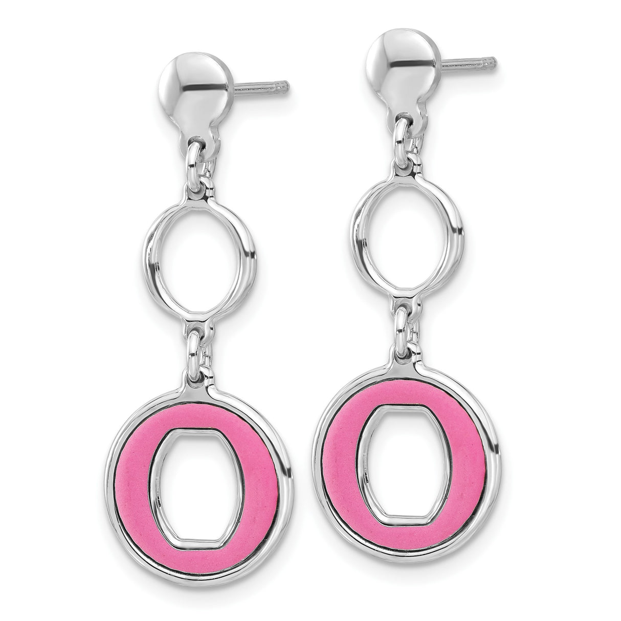 Sterling Silver Dangle Earrings with Open Circle Drop and Pink Enamel Inlay