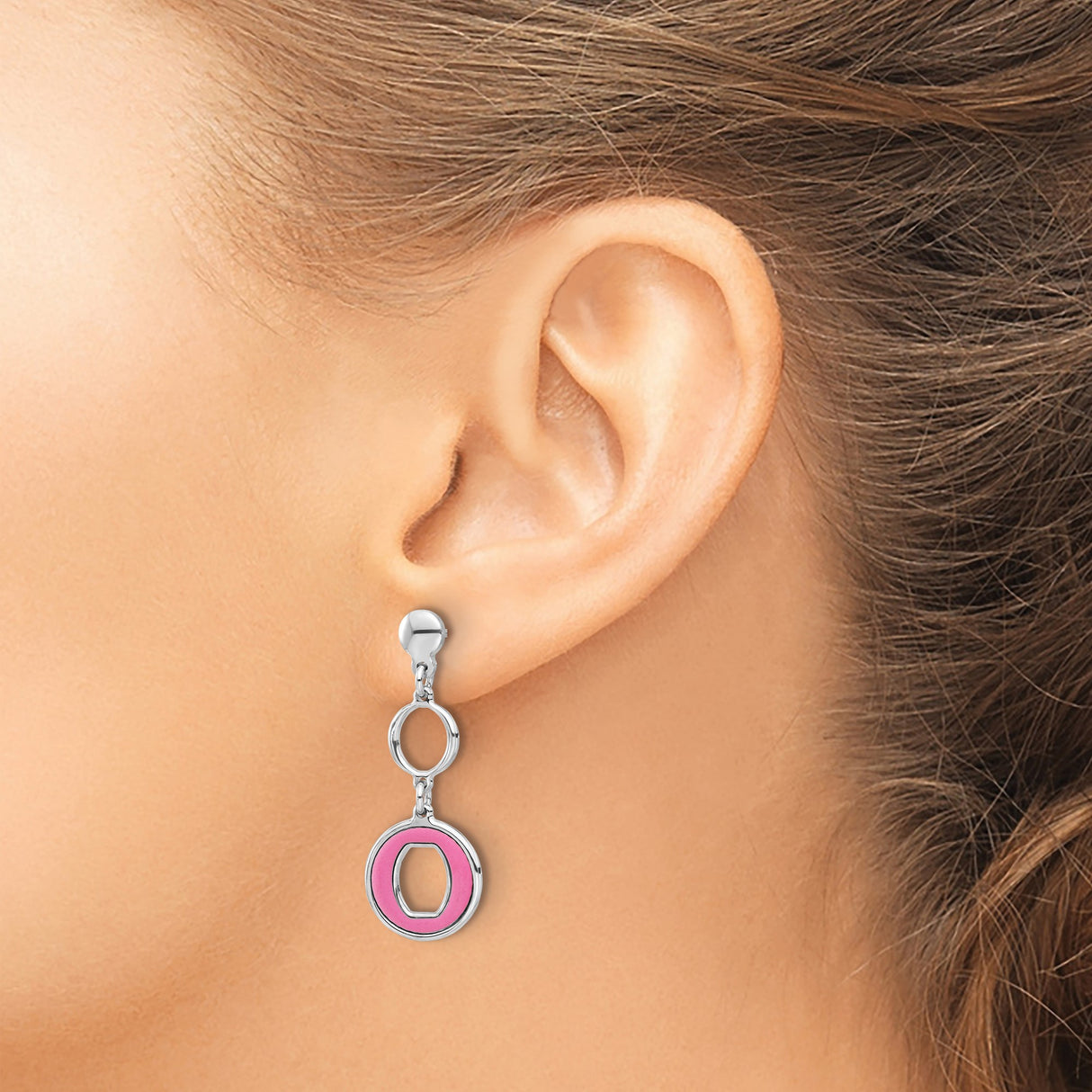 Sterling Silver Dangle Earrings with Open Circle Drop and Pink Enamel Inlay