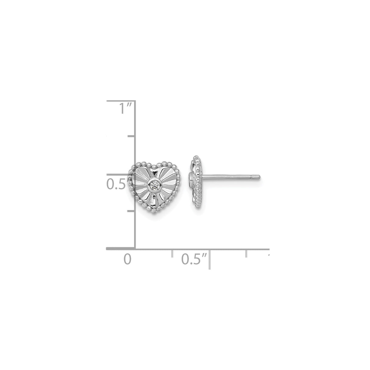 Sterling Silver Heart Stud Earrings with Cubic Zirconia, Sunburst Design, Beaded Border