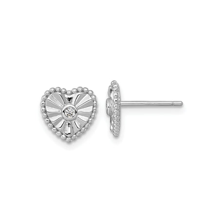 Sterling Silver Heart Stud Earrings with Cubic Zirconia, Sunburst Design, Beaded Border