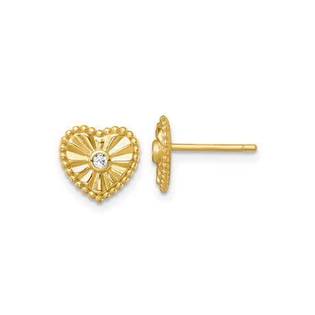 Sterling Silver Heart Stud Earrings with Cubic Zirconia and Beaded Border Design