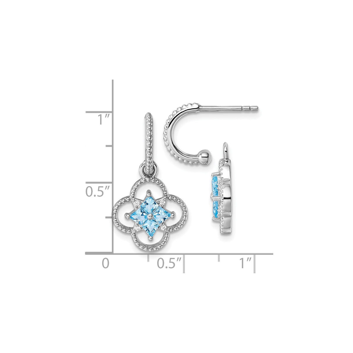 Sterling Silver Dangle Earrings with Blue Princess Cut Gemstones, Floral Clover Motif, Beaded Detail