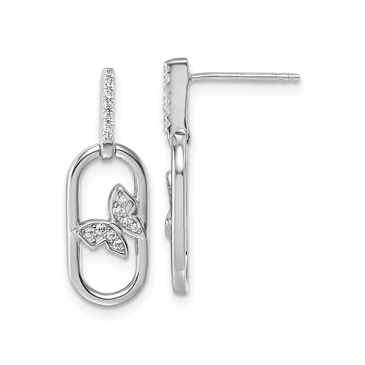 Sterling Silver Butterfly Dangle Earrings with Cubic Zirconia, Oval Drop Design