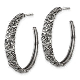 Sterling Silver Hoop Earrings with Cubic Zirconia, Embossed Rose Floral Design, Vintage Style