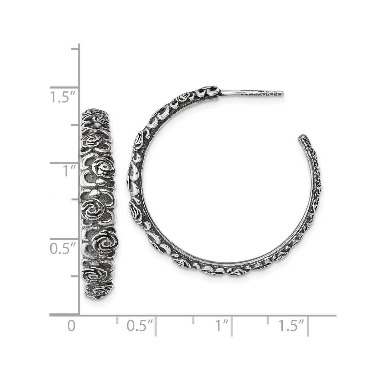Sterling Silver Hoop Earrings with Cubic Zirconia, Embossed Rose Floral Design, Vintage Style