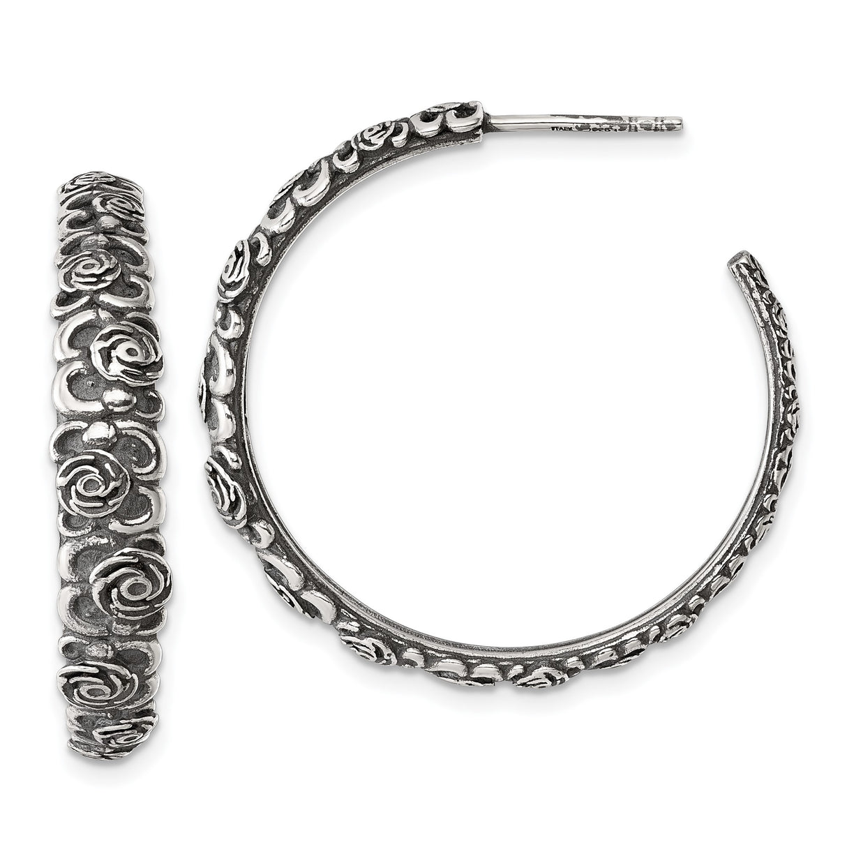 Sterling Silver Hoop Earrings with Cubic Zirconia, Embossed Rose Floral Design, Vintage Style