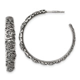 Sterling Silver Hoop Earrings with Cubic Zirconia, Embossed Rose Floral Design, Vintage Style