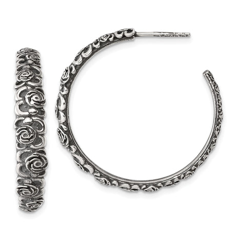 Sterling Silver Hoop Earrings with Cubic Zirconia, Embossed Rose Floral Design, Vintage Style