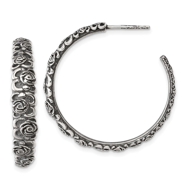 Sterling Silver Hoop Earrings with Cubic Zirconia, Embossed Rose Floral Design, Vintage Style