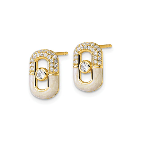 Sterling Silver Stud Earrings with White Enamel and Cubic Zirconia, Oval Link Design, Modern Style