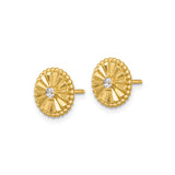 Sterling Silver Sunburst Stud Earrings with Clear Gemstone Center and Beaded Edge