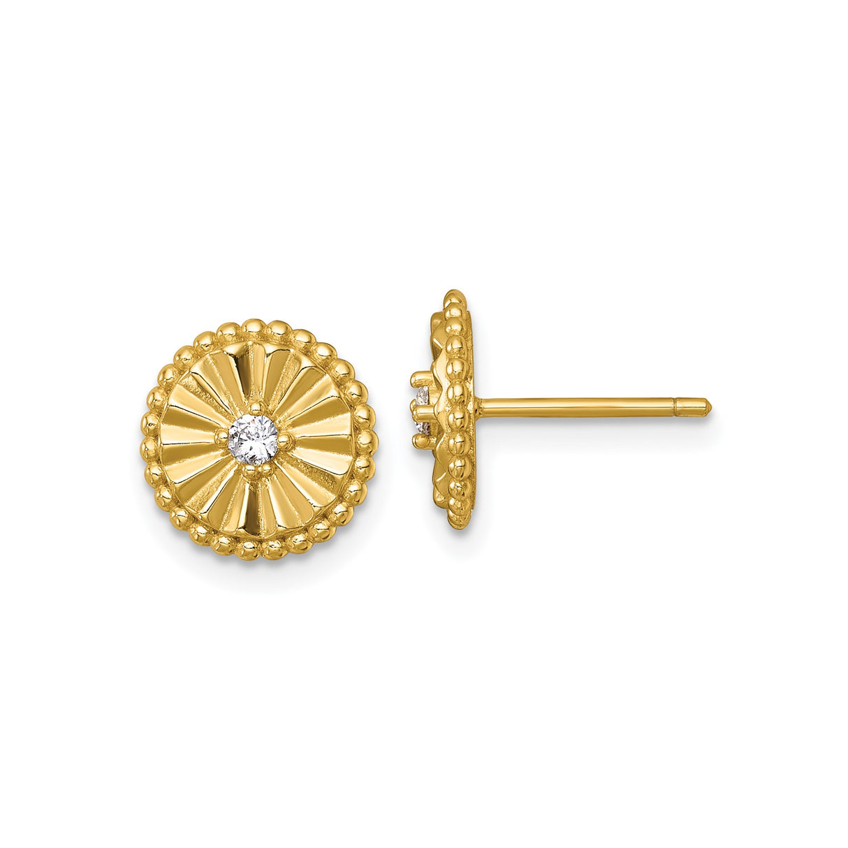 Sterling Silver Sunburst Stud Earrings with Clear Gemstone Center and Beaded Edge