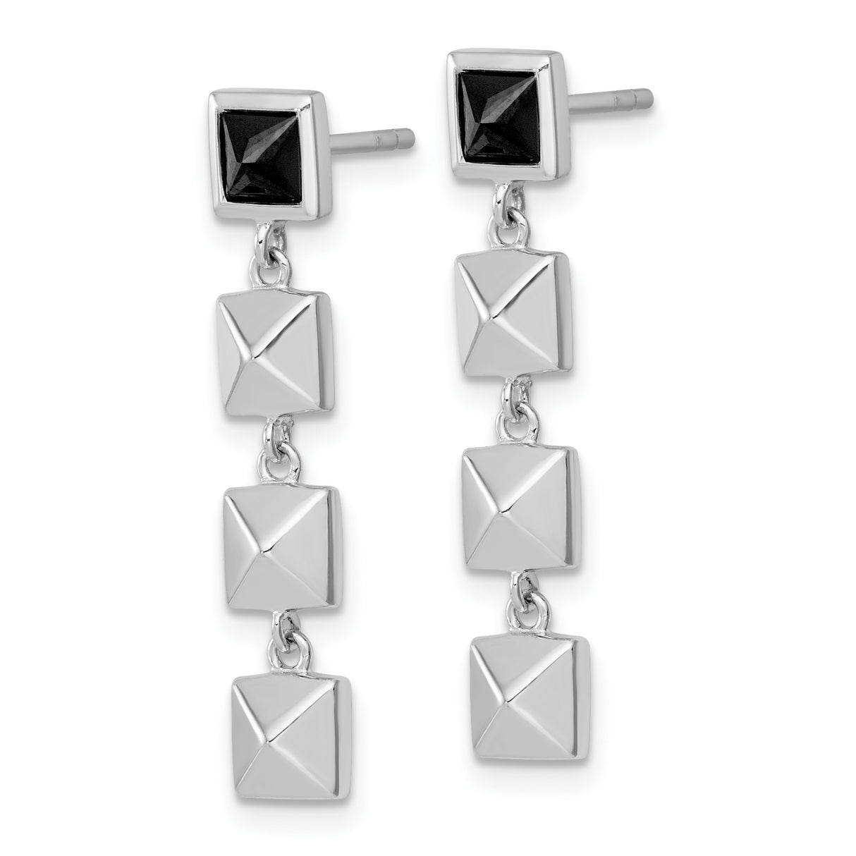 Sterling Silver Dangle Earrings with Black Square Cut Stone, Geometric Pyramid Drop Design