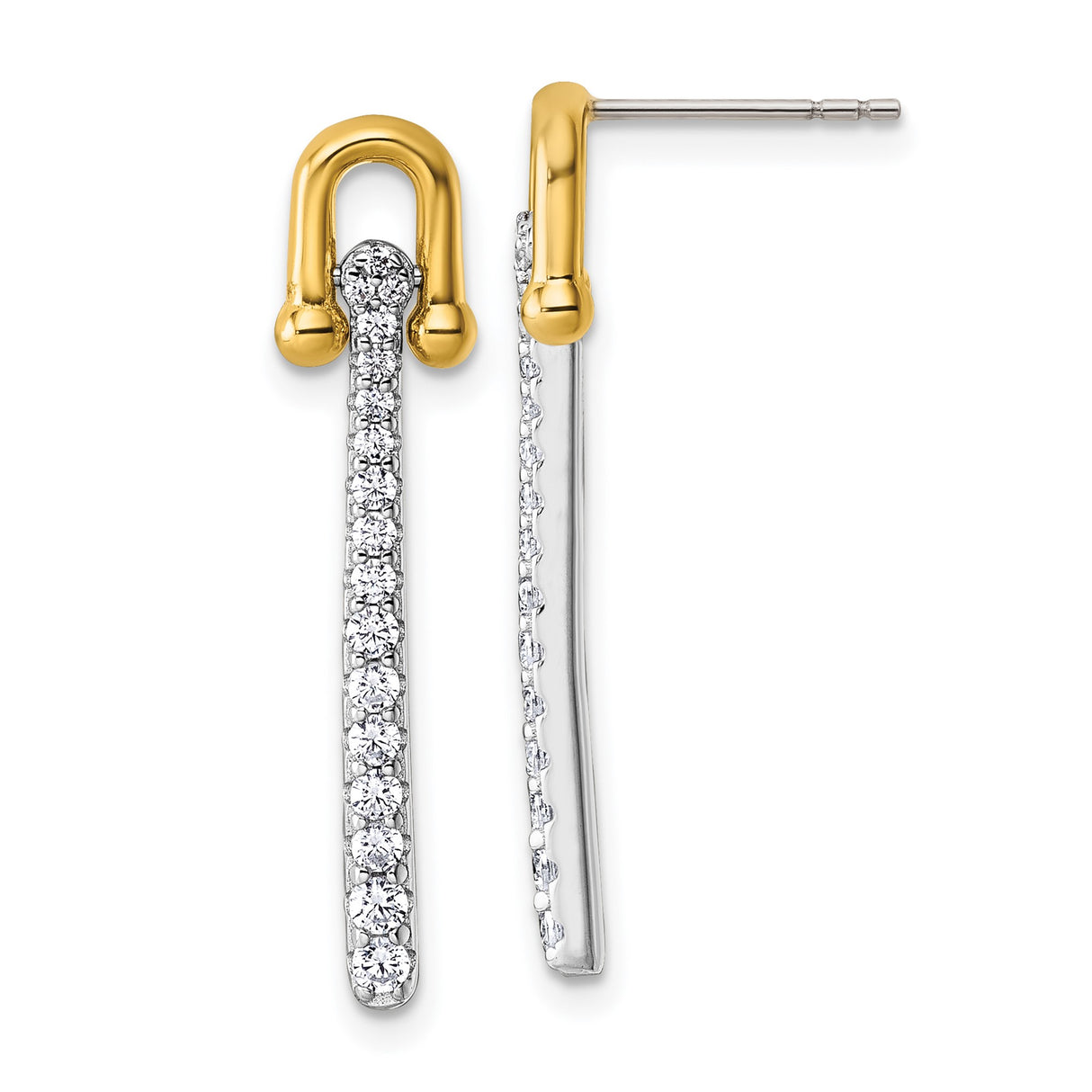 Sterling Silver Drop Earrings with Cubic Zirconia and Yellow Gold Accents, Two-Tone Linear Design