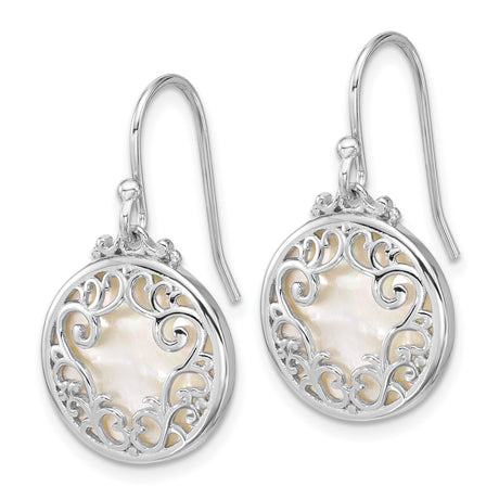 Sterling Silver Dangle Earrings with Mother-of-Pearl Inlays, Filigree Scrollwork, Vintage Style