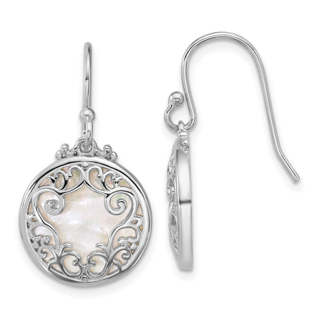 Sterling Silver Dangle Earrings with Mother-of-Pearl Inlays, Filigree Scrollwork, Vintage Style
