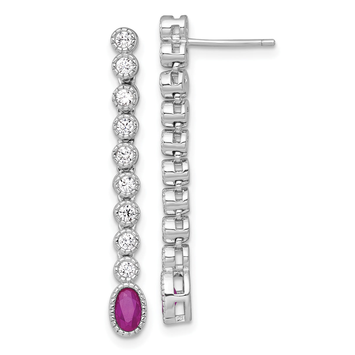 Sterling Silver Dangle Earrings with Oval Cut Pink Gemstone and Cubic Zirconia Linear Drop Design