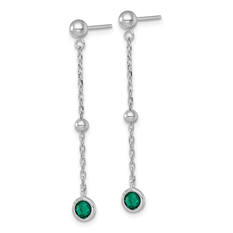 Sterling Silver Dangle Earrings with Round Green Cubic Zirconia and Polished Bead Accents