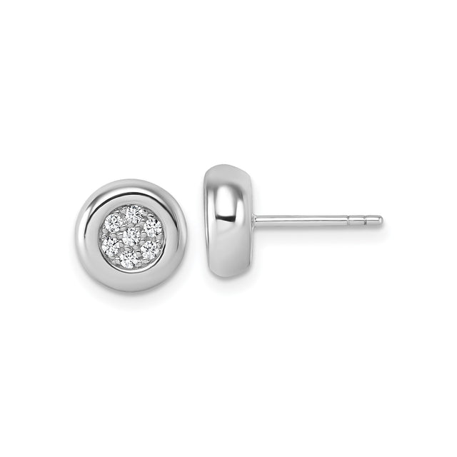 Sterling Silver Stud Earrings with Round Bezel and Cluster Cubic Zirconia, Minimalist Design