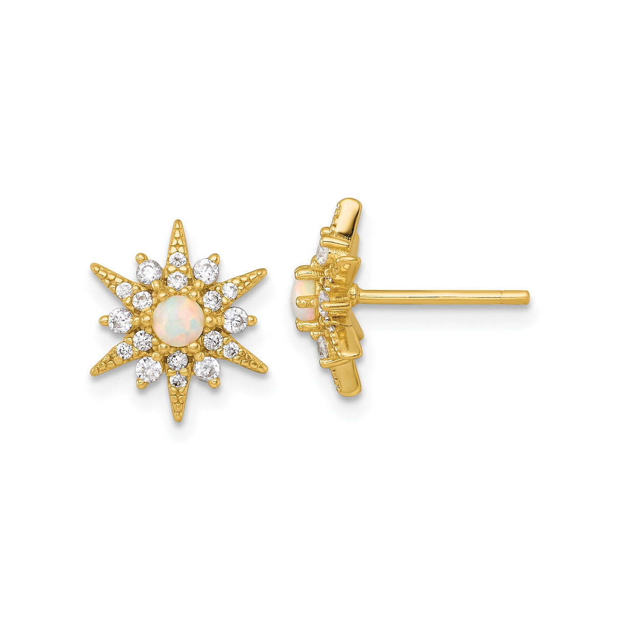 Sterling Silver Starburst Stud Earrings with Lab Created Opal and Cubic Zirconia, Sun Motif Design