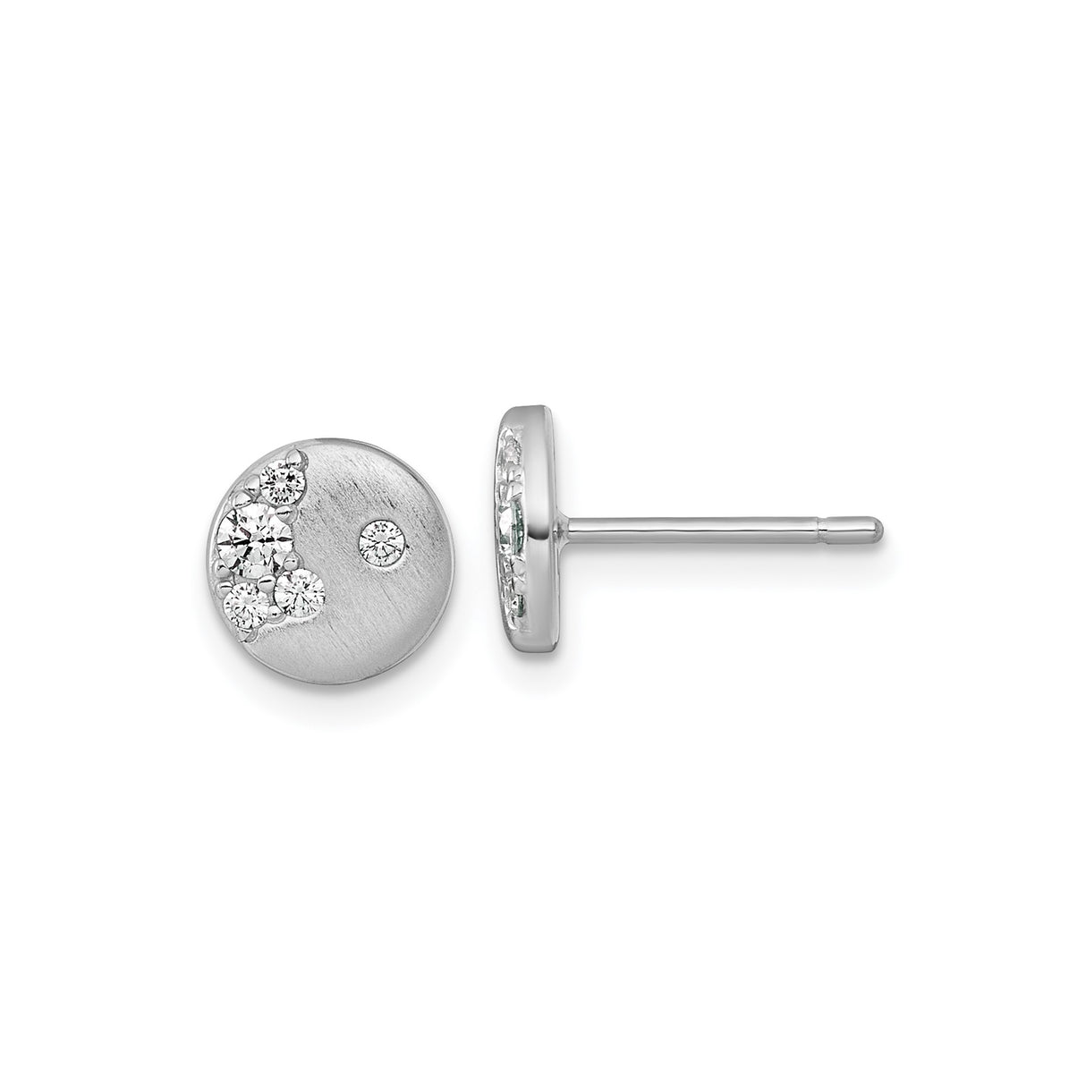 Sterling Silver Stud Earrings with Cubic Zirconia Crescent Accents, Brushed Finish, Modern Design