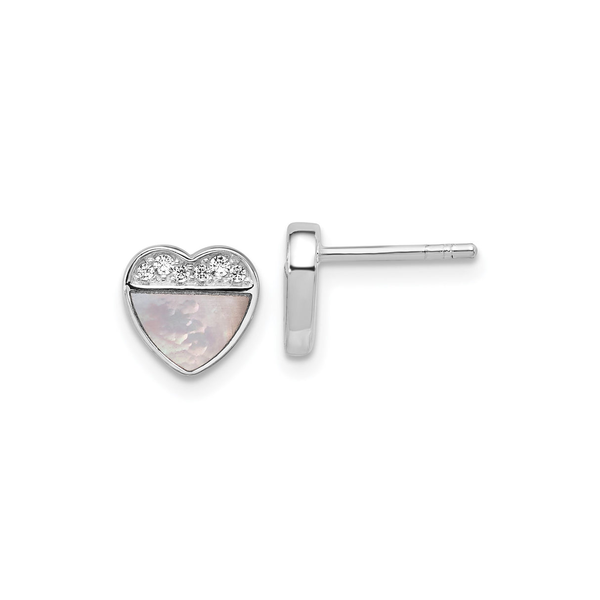 Sterling Silver Heart Stud Earrings with Cubic Zirconia and Mother of Pearl Split Design