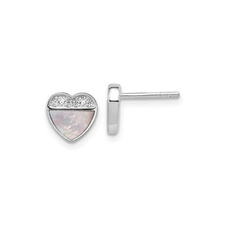 Sterling Silver Heart Stud Earrings with Cubic Zirconia and Mother of Pearl Split Design