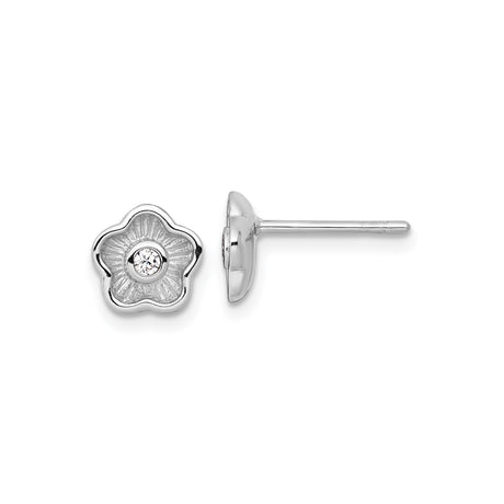 Sterling Silver Floral Stud Earrings with Round Cut Clear Stone, Five Petal Design