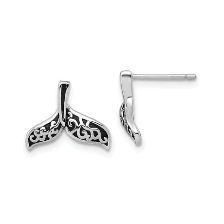Sterling Silver Whale Tail Stud Earrings with Tribal Scrollwork Design, Oxidized Nautical Style for Women, Symbolic Sea Life Jewelry with Ocean Theme and Marine Motif, Coastal and Boho Fashion
