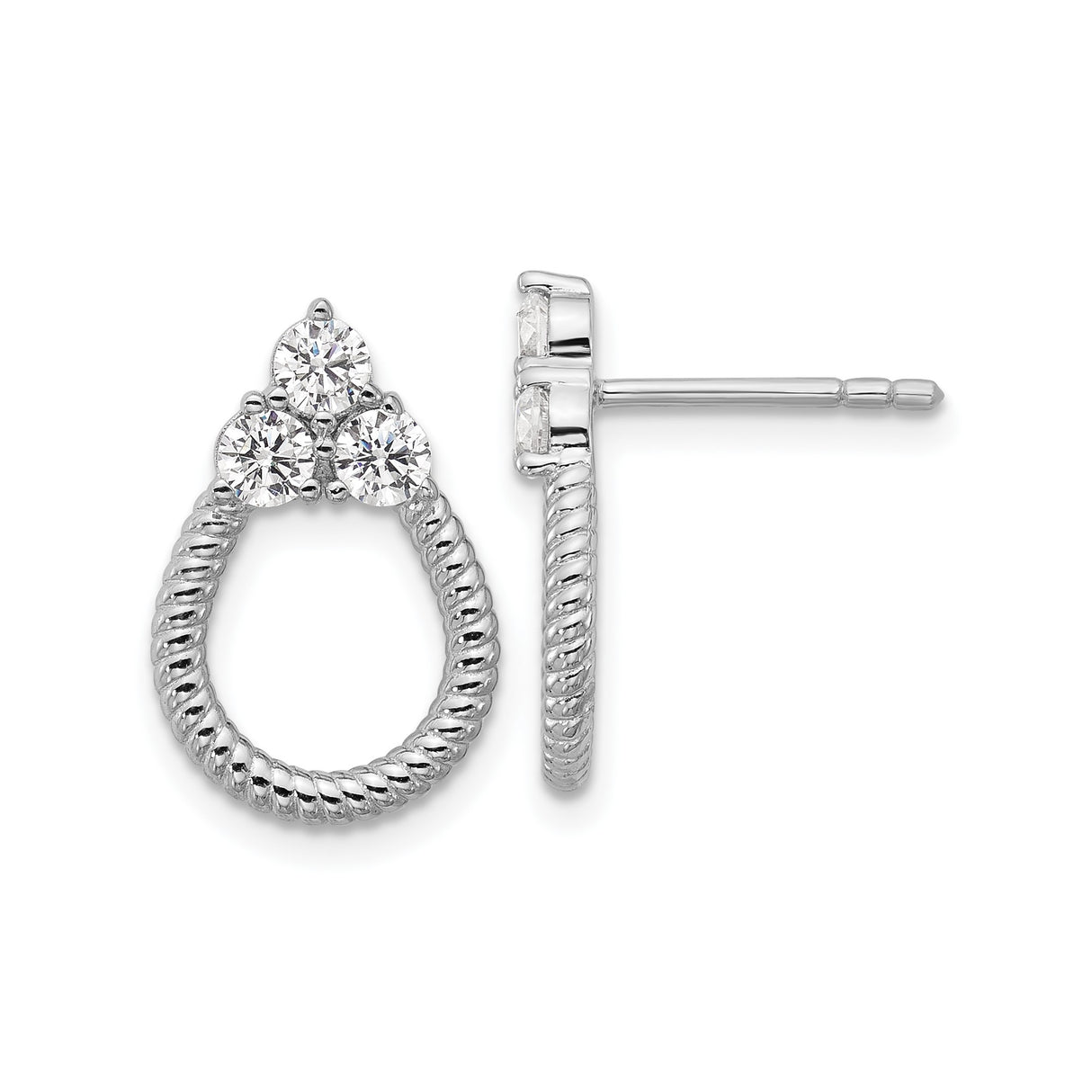 Sterling Silver Twisted Hoop Stud Earrings for Women with Three CZ Cluster Stones, Textured Rope Design, Rhodium Plated Silver Posts, Elegant Jewelry for Everyday or Formal Fashion Wear