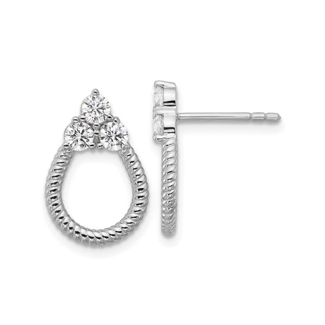 Sterling Silver Twisted Hoop Stud Earrings for Women with Three CZ Cluster Stones, Textured Rope Design, Rhodium Plated Silver Posts, Elegant Jewelry for Everyday or Formal Fashion Wear