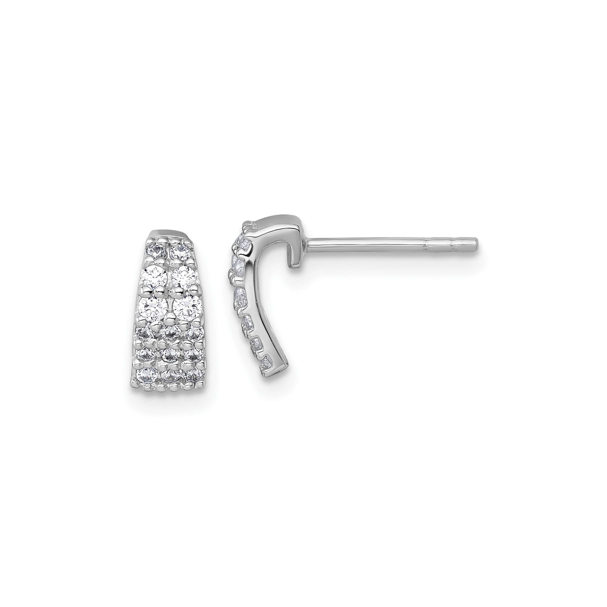 Sterling Silver Stud Earrings with Cubic Zirconia, Tapered Three Row Pave Design