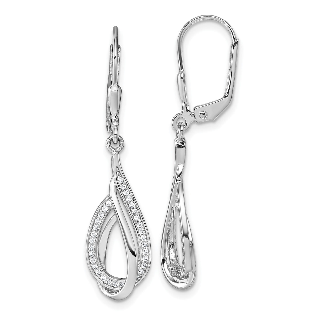 Sterling Silver Dangle Earrings with Cubic Zirconia, Twisted Teardrop Design