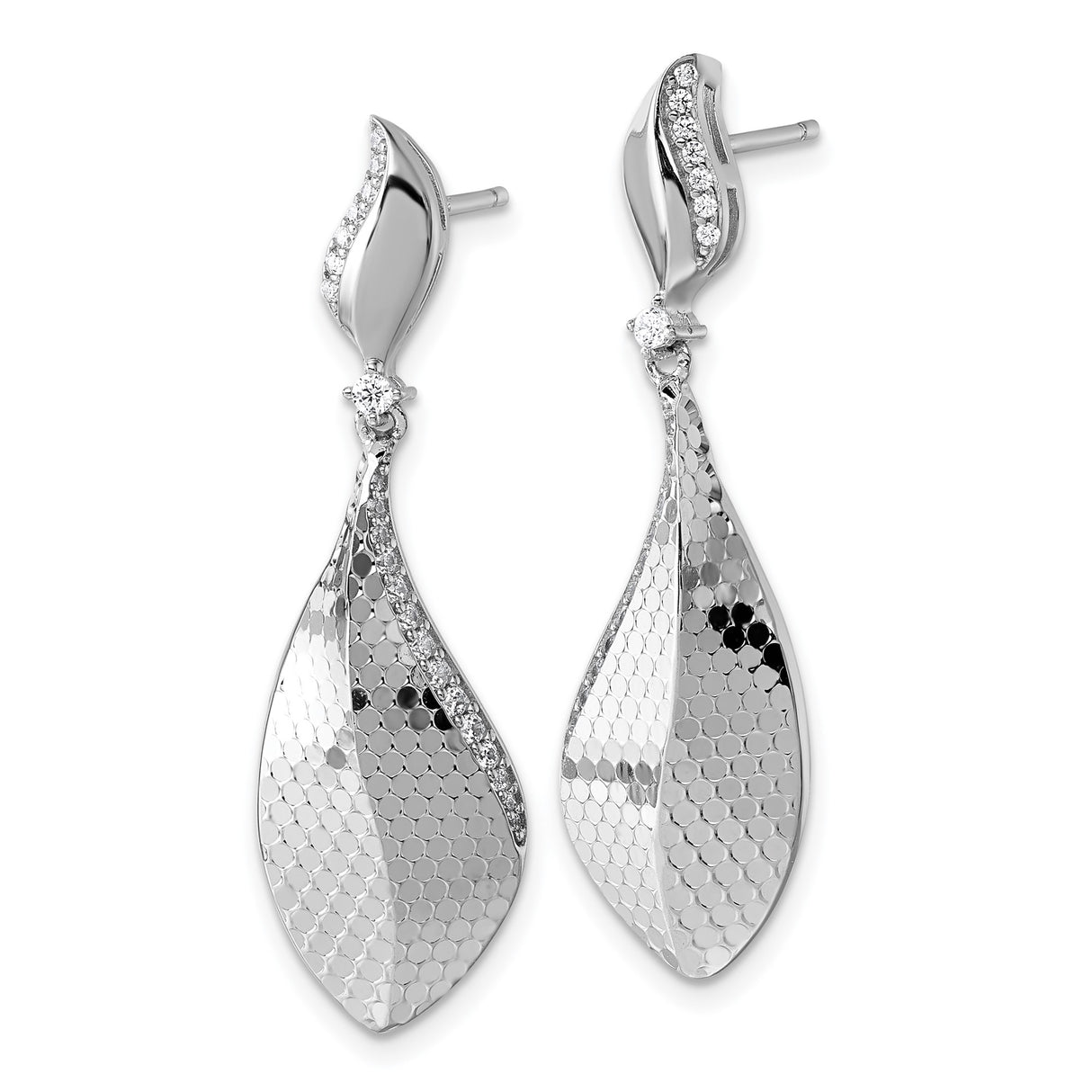 Sterling Silver Drop Earrings with Cubic Zirconia, Diamond Cut Leaf Design, Rhodium Plated