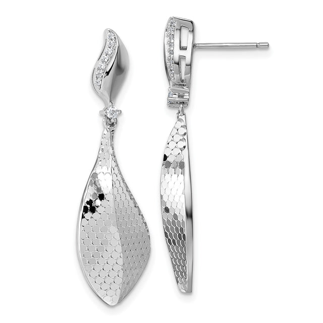 Sterling Silver Drop Earrings with Cubic Zirconia, Diamond Cut Leaf Design, Rhodium Plated