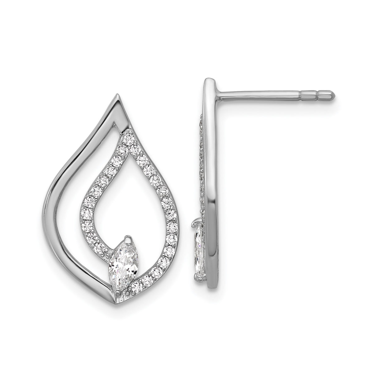 Sterling Silver Teardrop Stud Earrings for Women with Marquise Cut Center Stone, Shimmering Pavé Setting, Elegant Flame Design, Rhodium Plated Silver Studs for Daily Wear or Formal Occasions