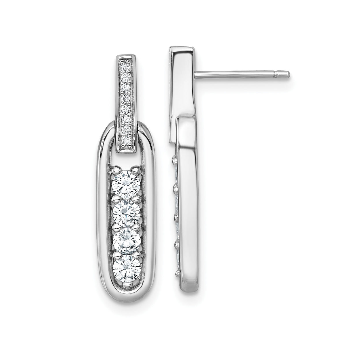 Sterling Silver Drop Earrings with Cubic Zirconia, Elongated Oval Dangle Design, Modern Formal Style