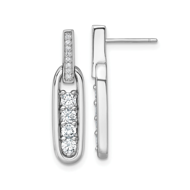 Sterling Silver Drop Earrings with Cubic Zirconia, Elongated Oval Dangle Design, Modern Formal Style