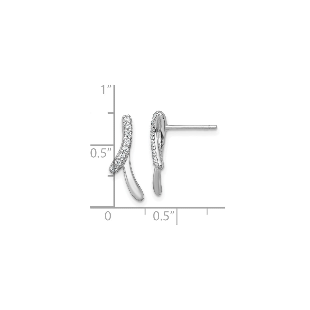 Sterling Silver Stud Earrings with Clear Cubic Zirconia, Modern Curved Design, Rhodium Plated
