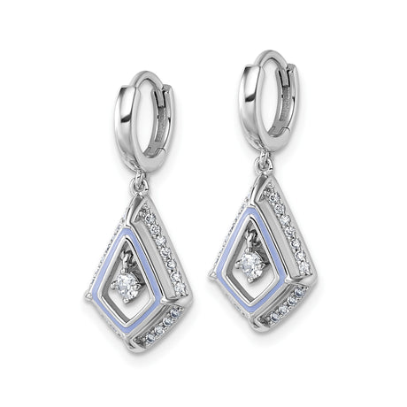 Sterling Silver Dangle Hoop Earrings with Cubic Zirconia, Rhombus Drop, Geometric Design