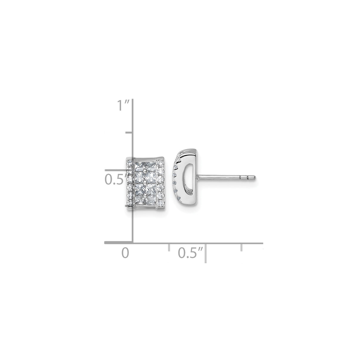 Sterling Silver Rectangle Stud Earrings with Princess Cut Cubic Zirconia, Geometric Pave Design