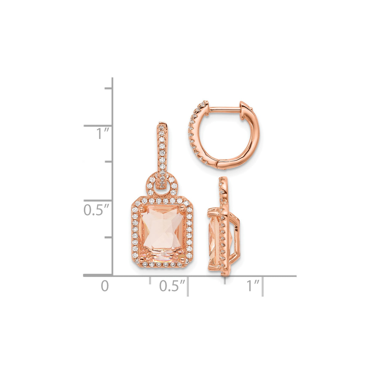 Sterling Silver Dangle Earrings with Emerald Cut Peach Glass and Cubic Zirconia Halo Design