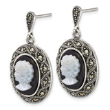Sterling Silver Cameo Drop Earrings with Black Agate, Marcasite Accents, Victorian Style